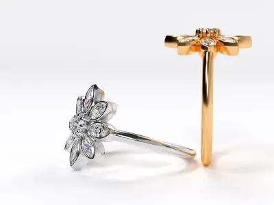 gold flower ring with marcuise diamonds  3D print model