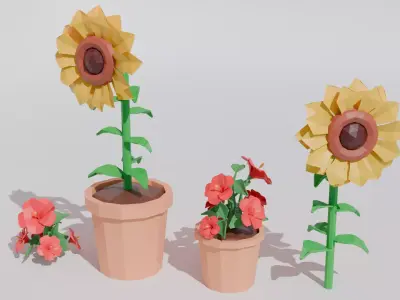 Lowpoly Flowers hibiscus and sunflower Free low-poly 3D model