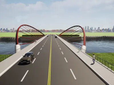 Bridge over river with cars 3D model