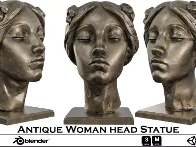 Antique Woman Head Statue - Serene Bronze Bust 3D Model Low-poly 3D model