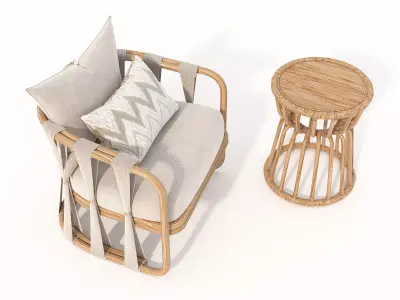 Rattan Coffee Table and Chair Set 6 3D model