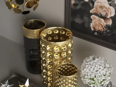 set1137 gold vases and flowers on table 3D model