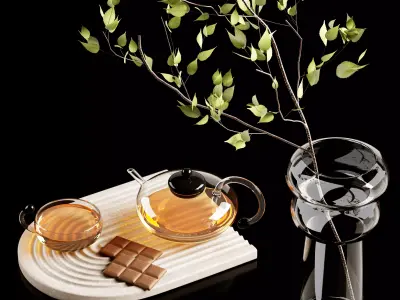 Decorative set 1 tea with vase and leaves on tray 3D model