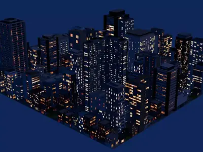 City Downtown Skyscraper Street 02 - NIGHT Low-poly 3D model