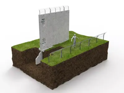 security fence and wall with sensors in cross section 3D model
