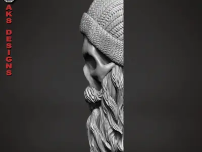 Bearded skull with cap 1 bas Relief 3D print model