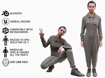 Woman in Overall 2 - Modular - Rigged Low-poly 3D model