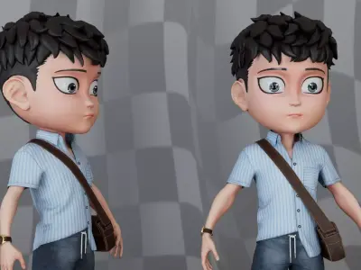 Chibi Boy Shirt shorts Snecker Blue Bag Brown  3D model