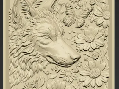 Wolf Head and Flowers A52 3D print model