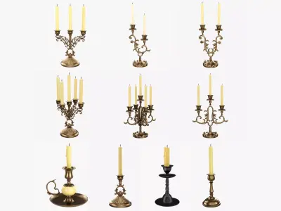 Antique candlesticks with candles 3D Model Collection