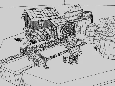 Watermill House Low Poly -  Wood Farm mill  Low-poly 3D model