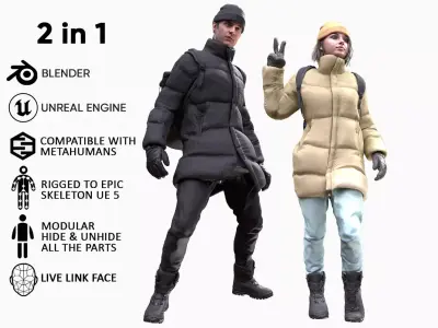 Mens and Womens Winter Outfits - Modular - Rigged 3D Model Collection