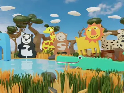 WOODEN ANIMALS SAVANNAH Low-poly 3D model