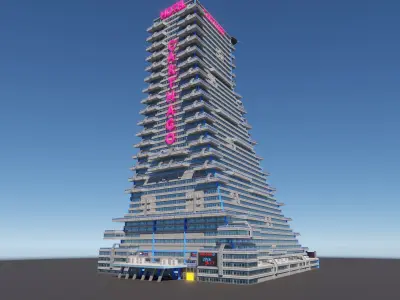Huge skyscraper hotel with balcony and trapezoid shape Low-poly 3D model