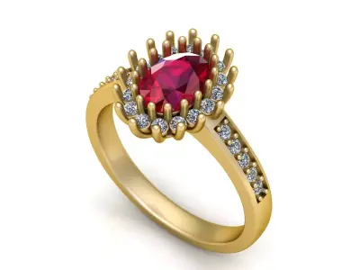 Luxurious Gold Ring with Oval Ruby and Diamond Halo Accent 3D model