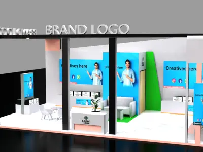Interactive double-sided trade show booth with display walls 3D model