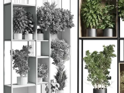 Standing metal shelf with a set 384 of plants in metal boxes Low-poly 3D model