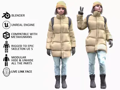 Woman in Winter Outfit 4 - Modular - Rigged Low-poly 3D model