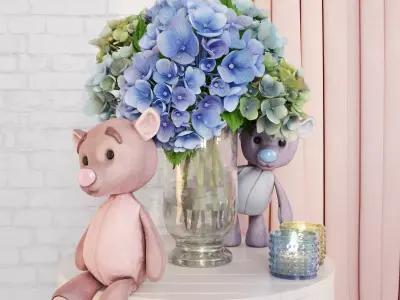Decorative set with hydrangea and bears Low-poly 3D model
