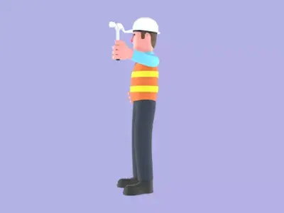 3D Cartoon Male Architect Character - Angry with Raised Hammer 3D model