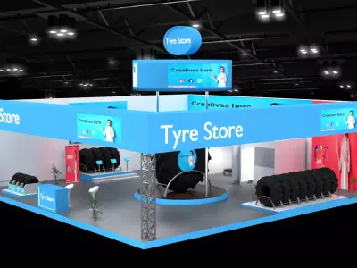 Modern tyre display booth with overhead branding and blue theme 3D model