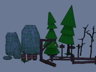 Low Poly Cartoon Trees Grass Plants Fence Barrel Low-poly Free low-poly 3D model