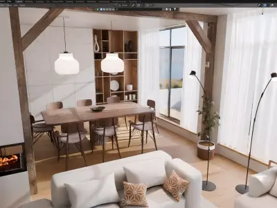 Modern Living Room and Dining Room Interior Scene  3D model