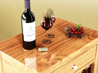 Wine Table Rack 3 Bottles Cups and Cherries 3D model