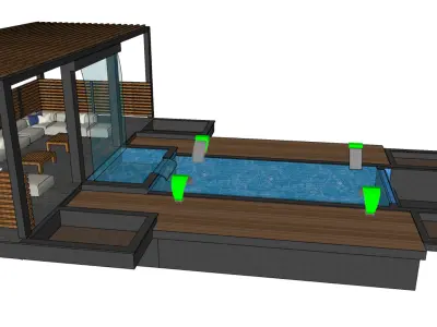 3D Model of a Swimming Pool with Wooden Deck Pergola Seating 3D model