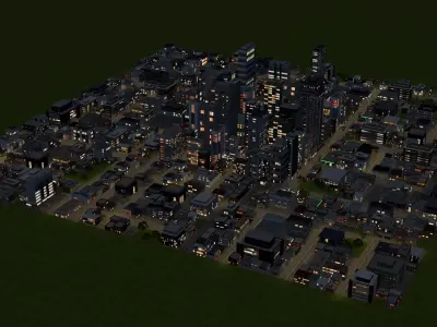City Downtown Skyscraper Street Mountain Landscape 17 - NIGHT Low-poly 3D model