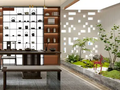 Chinese tearoom study room Low-poly 3D model