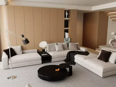 Modern Minimalist Luxury Lounge With Floating Staircase 3D model