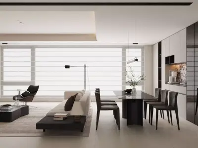 modern light luxury integrated living and dining room spaces 3D model