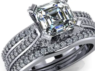 Modern EmeraldSquare cut Bridal Wedding Band Matching Set 3D print model