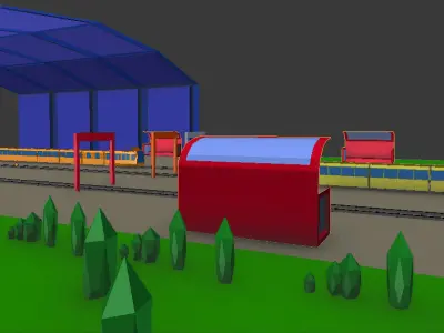 low poly Train station with tracks and buildings Low-poly 3D model
