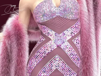 3D model pink twinkle dress with fur 3D model