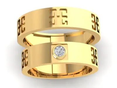 Luxury Couple Diamond Rings with Engraved Pattern 2525 3D print model