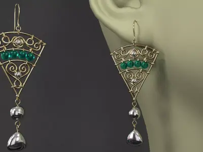 earrings with emeralds and pearls 3D model