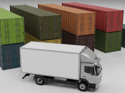 truck and containers Low-poly 3D model