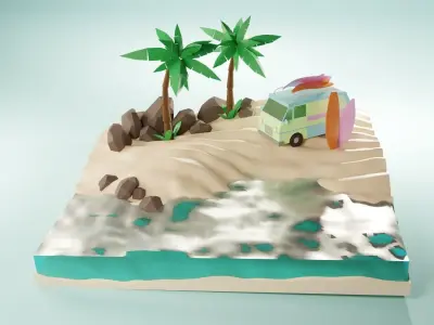 Sunny tropical beach with van and surf Low-poly 3D model