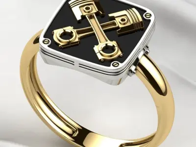Crossed Pistons Silver Gold Ring with Enamel 3D print model