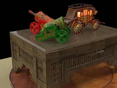Chinese table with wine bottle and stagecoach 3D model