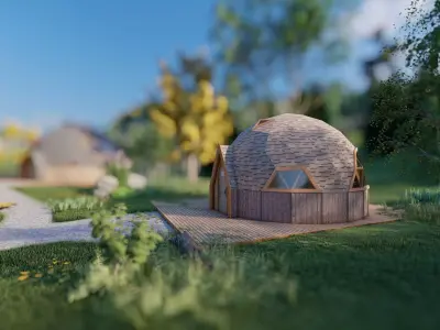 Design model of a 14m diameter geodesic dome cabin 3D model
