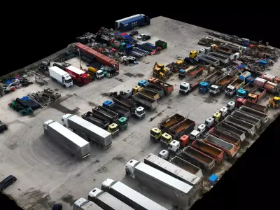 trucks vehicles warehouse storage terrain drone photogrammetry Low-poly 3D model