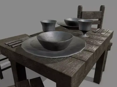 Medieval Set wooden console table Low-poly 3D model