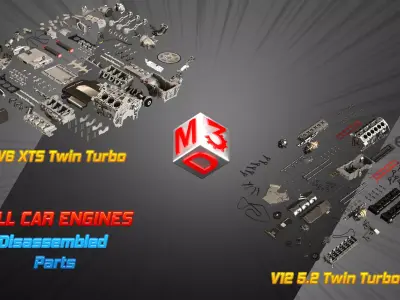 V6 and V12 Twin Turbo Car Engines Disassembled Parts 3D Model Collection