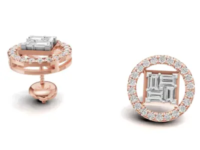 Baguette Cluster And Round Diamond Unique Stud 3D print model