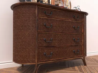 Rattan Sideboard and Decoration 3D model