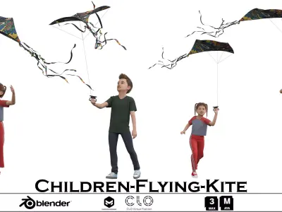 Children Flying Kite Low-poly 3D model