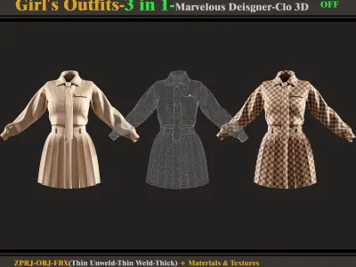 3 in 1 Girls Outfits- MD-Clo3d-OBJ - FBX -Materials-Textures 3D model